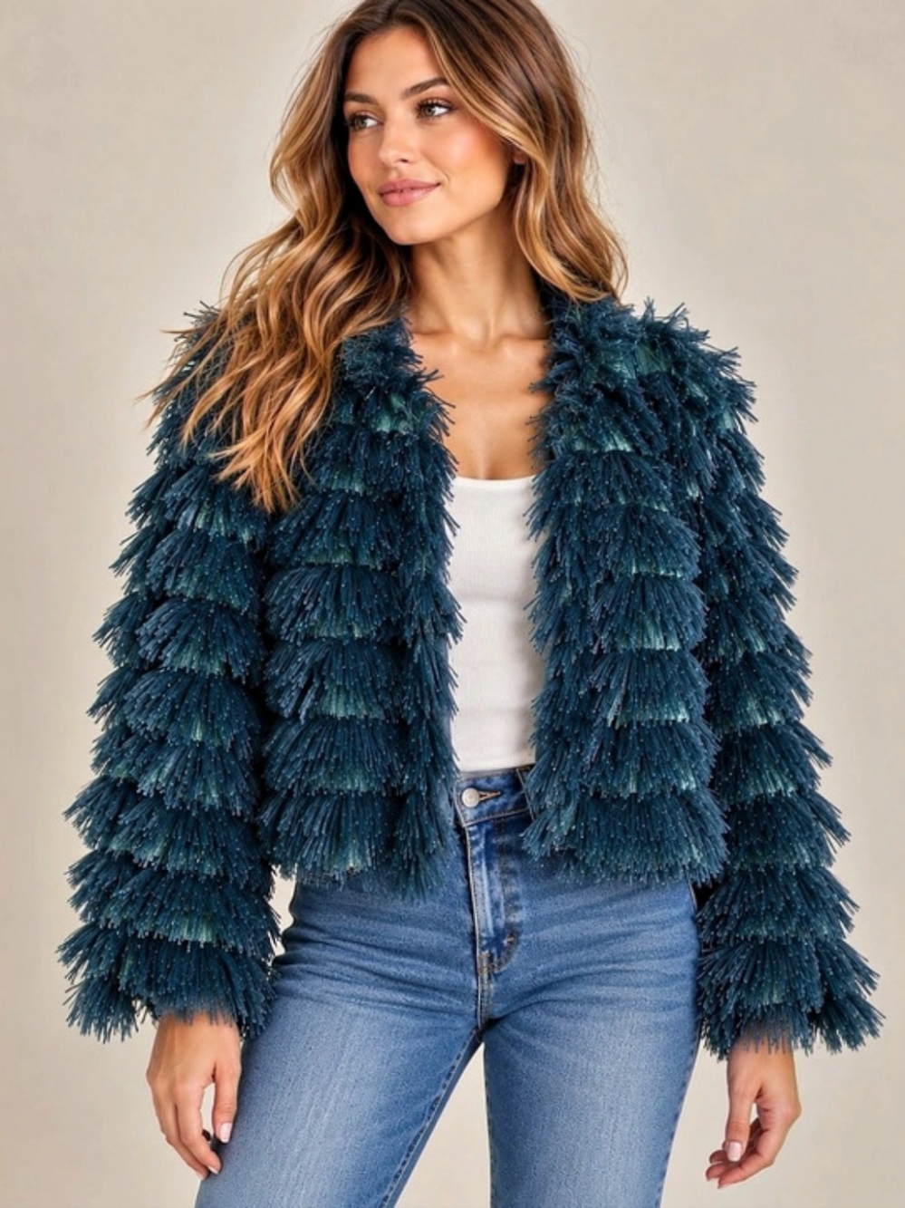 She + Sky Teal Faux Fur Shaggy Fringe Layered Jacket Coat Women Size Medium Glam